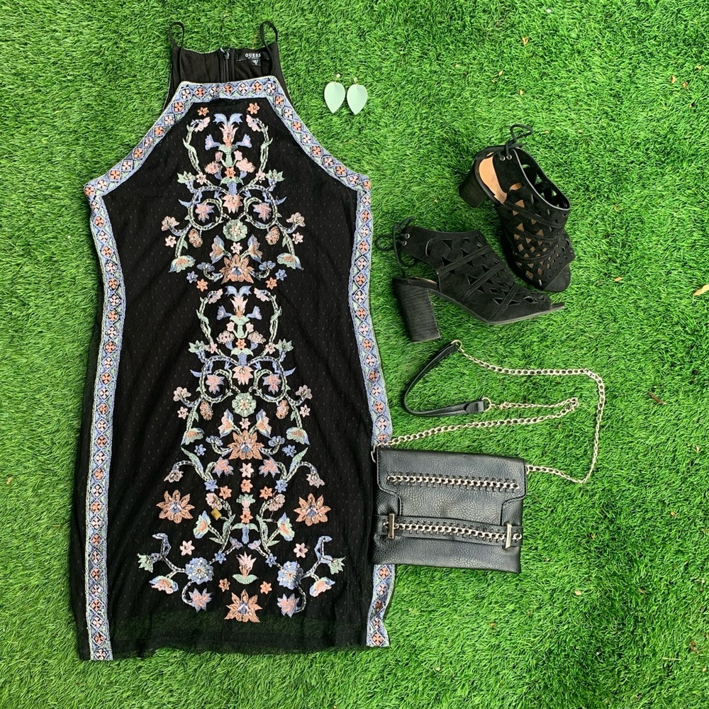 Guess black dress with embroidered lace overlay